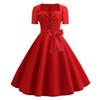 Women's Color Square Neck Short Sleeve Cinched Waist Full Skirt Vintage Dress