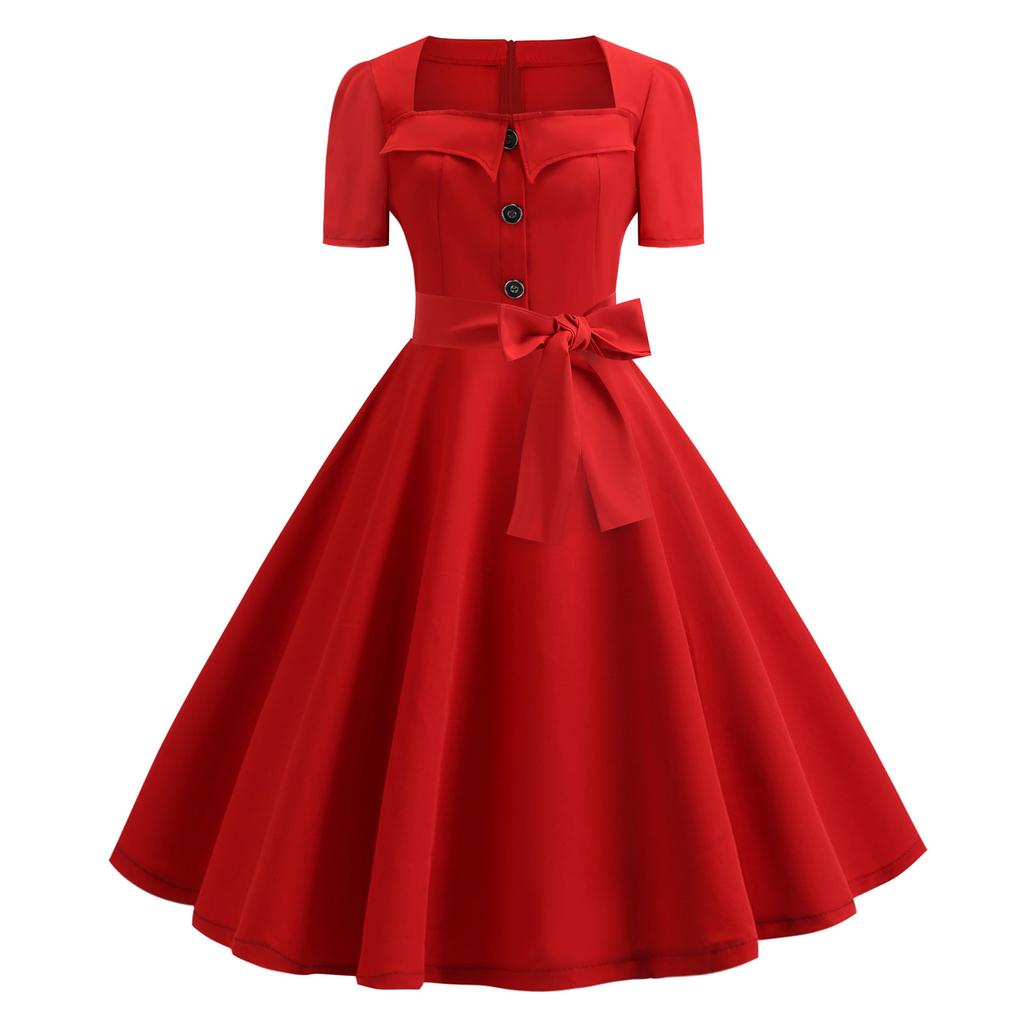 Women's Color Square Neck Short Sleeve Cinched Waist Full Skirt Vintage Dress
