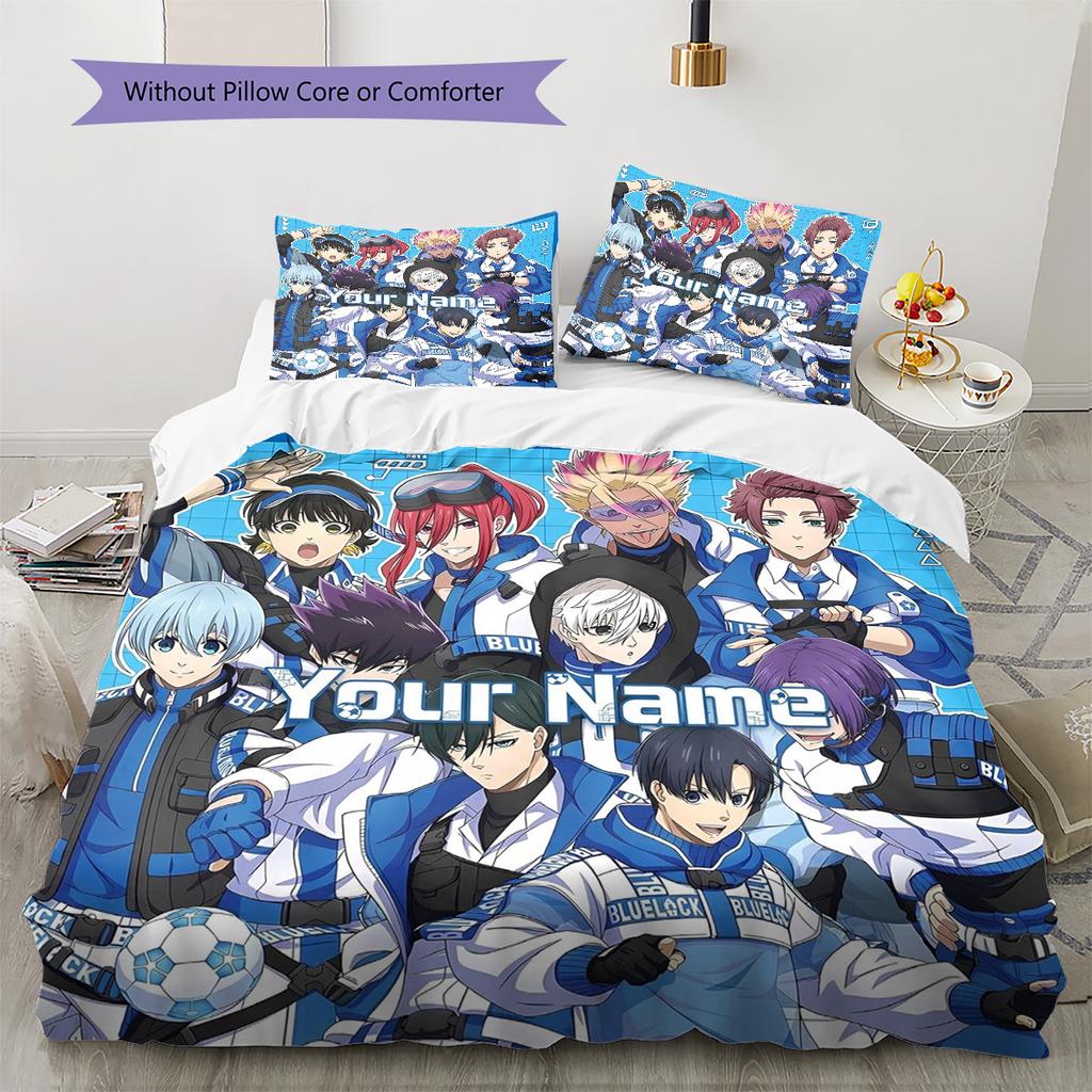 Blue Lock Soccer Custom Name Pattern Bedding Quilt Set Quilt Cover Pillowcase Home Birthday Gift(1 * Duvet Cover + 2 * Pillowcase, Without Core)