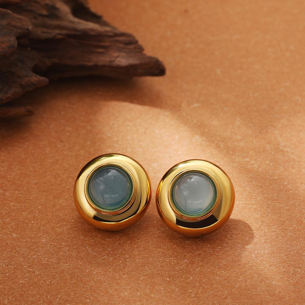 Retro Ethnic Natural Stone Round Earrings for Women Gold Plated Stainless Steel Geometric Piercing Earring Studs Boho Zircon