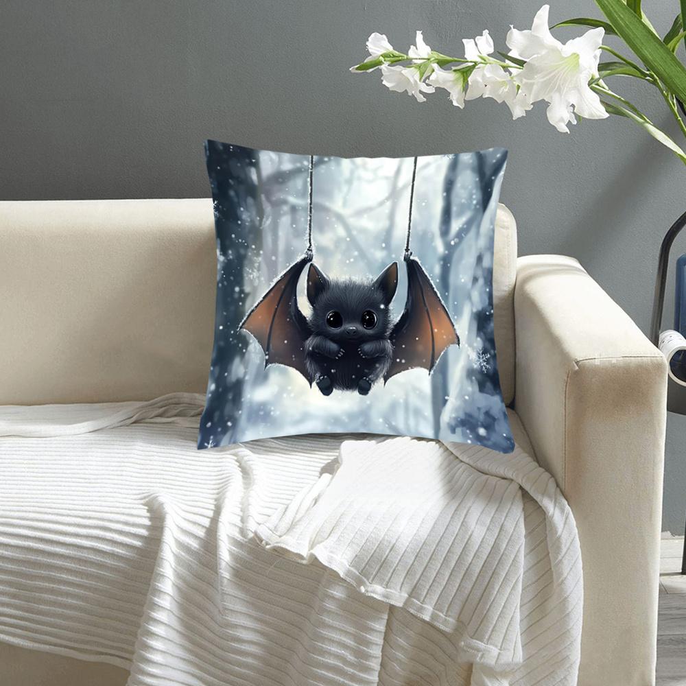 Double Sided Cute Baby Bat Throw Pillow Cover Winter Snow Forest Print Decorative Cushion Cover For Sofa Living Room Home Decor