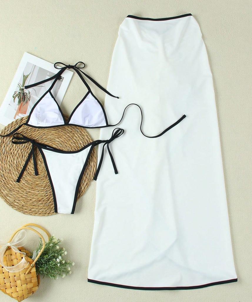 Women's Swimsuit Color-blocked Halter Neck Ruffle Slit Skirt Bikini Three-piece Set Beachwear Bathing Suits