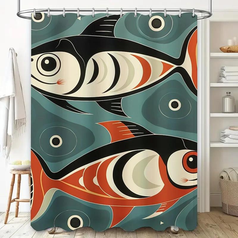 Modern Artistic Colorful Fish Pattern Waterproof Shower Curtain For Stylish Bathroom Decor, Easy Install