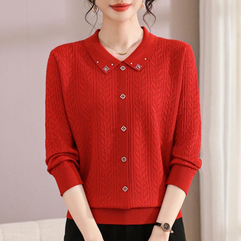 

Middle-aged lapel collar autumn clothes new knitted sweater top mother spring and autumn long-sleeved sweater bottoming shirt XL красный