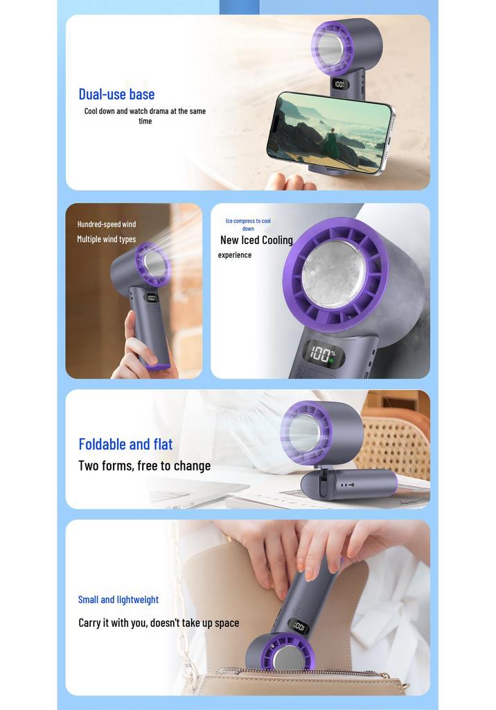 T89 Handheld & Neck-Hanging High-Speed Desktop Folding Fan with Cooling Ice Pack