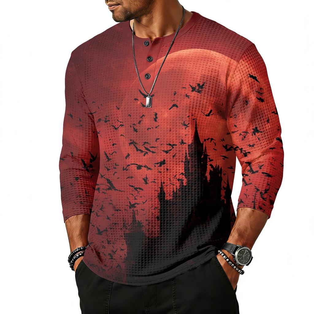 Men's Casual Halloween Printed Crew Neck Shoulder Three Quarter Sleeve Top with Button and Bat Pattern