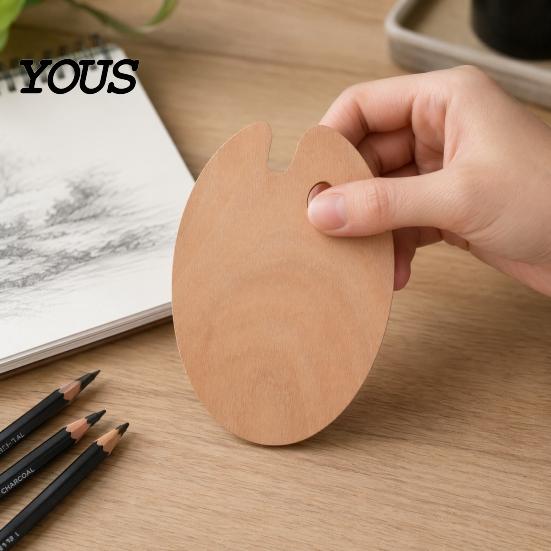 Fine Art Mixing Board Wooden Paint Palette with Thumb Hole for Oil, Acrylic, Durable Artist Tray Watercolor Painting, Oval-Shaped Wood Artists