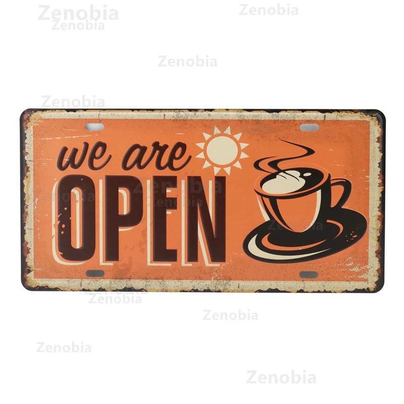 Open and Closed Coffee Bar Metal Sign Wall Art Murals Vintage Tin Poster Shabby Plaque Retro Plates Pub Cafe 3D Home Decoration