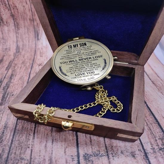 Taschenkompass aus antikem Messing mit Holzbox „To My Son“-Kompass, 5,08 cm, nautischer Vintage-Kompass mit Gravur, gerichteter magnetischer Taschenkompass, Geschenk
