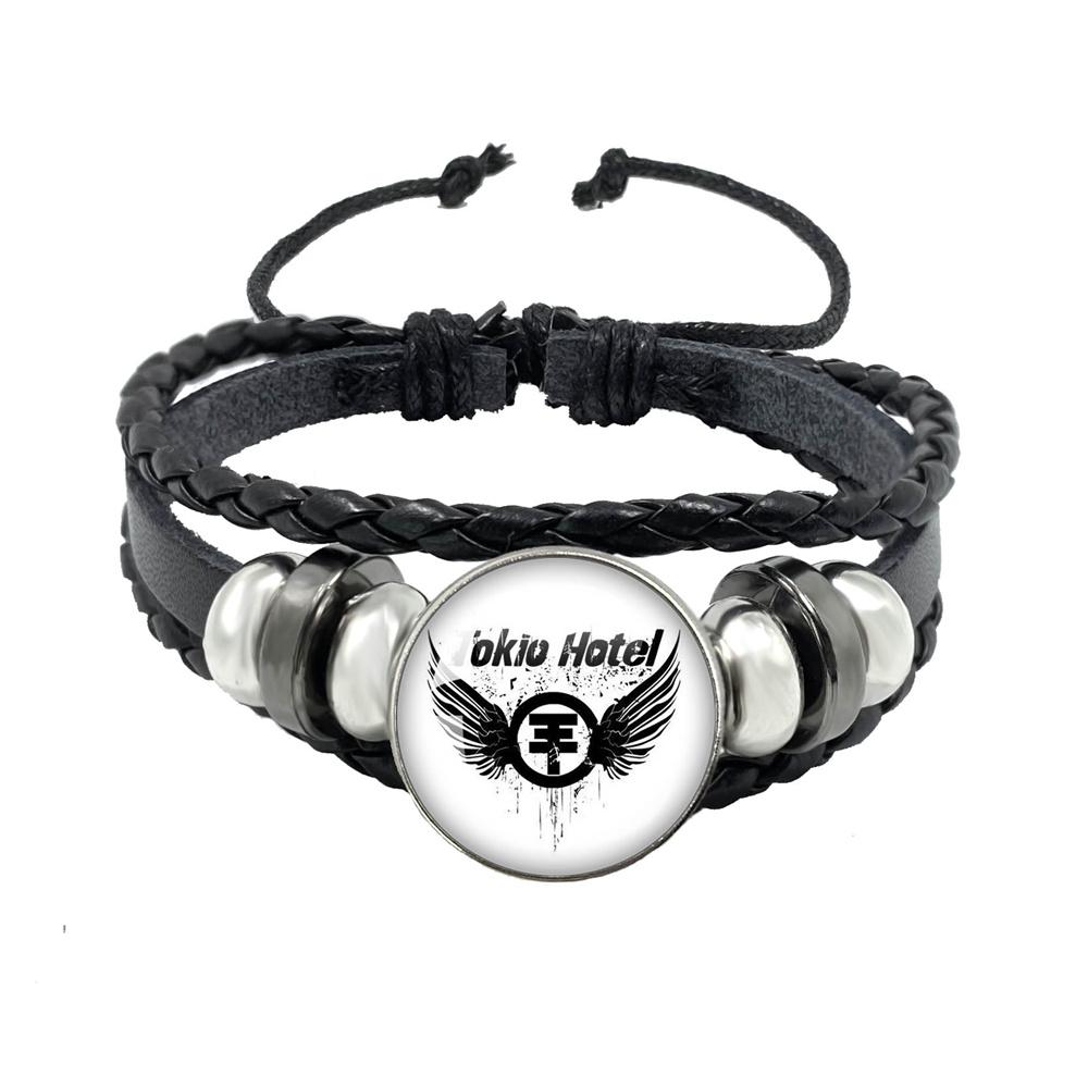 Pop Retro Rock Band Tokio Hotel Bill Kaulitz Band Black Rope Button Glass Cabochon Leather Bracelet Jewelry Charm Fans