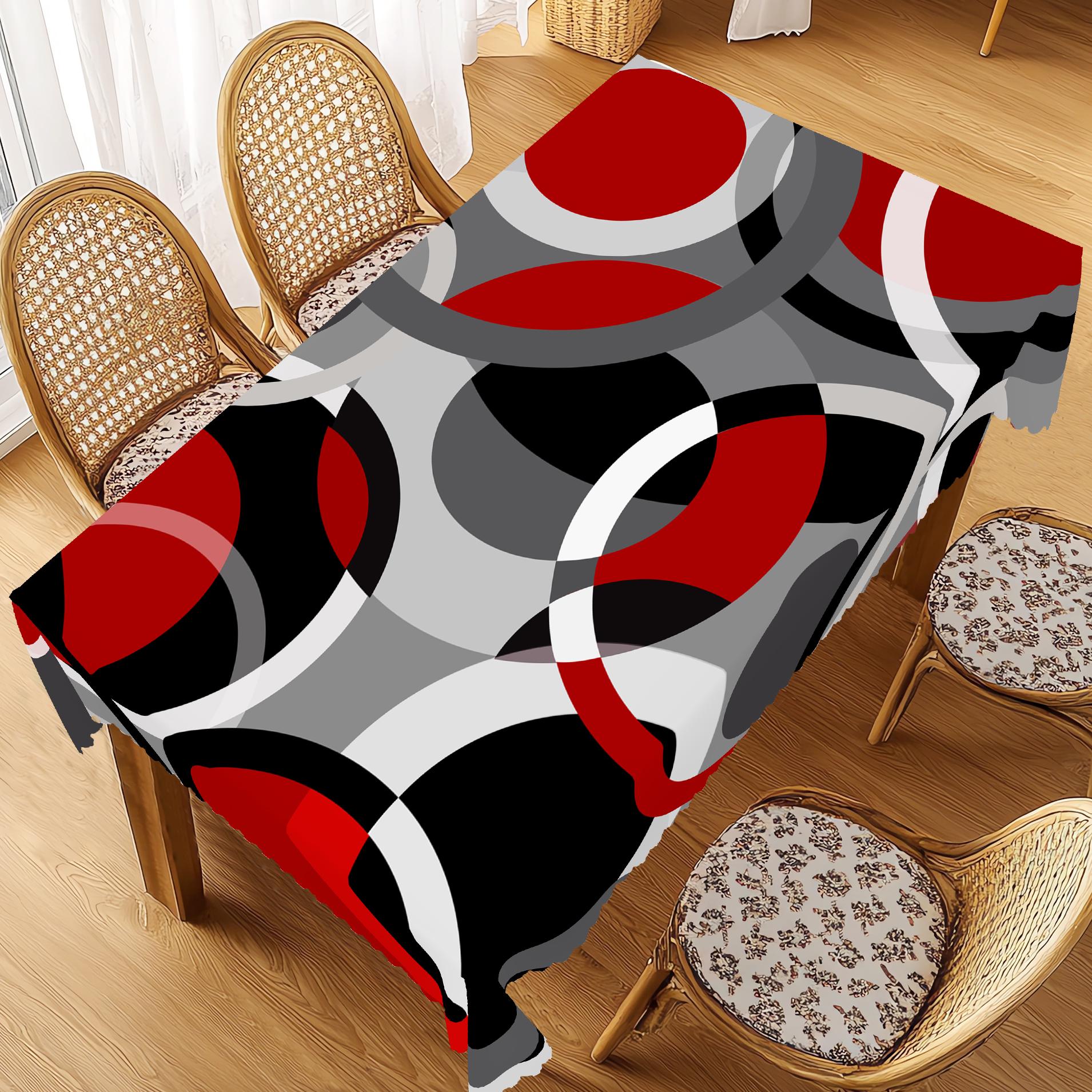 Rood Zwart Grijs Geometrisch Rond Rechthoekig Tafelkleed Duurzaam Polyester voor Huis Keuken Buiten Kamperen Vakantie Dinerfeest Decor Round (152)Cm