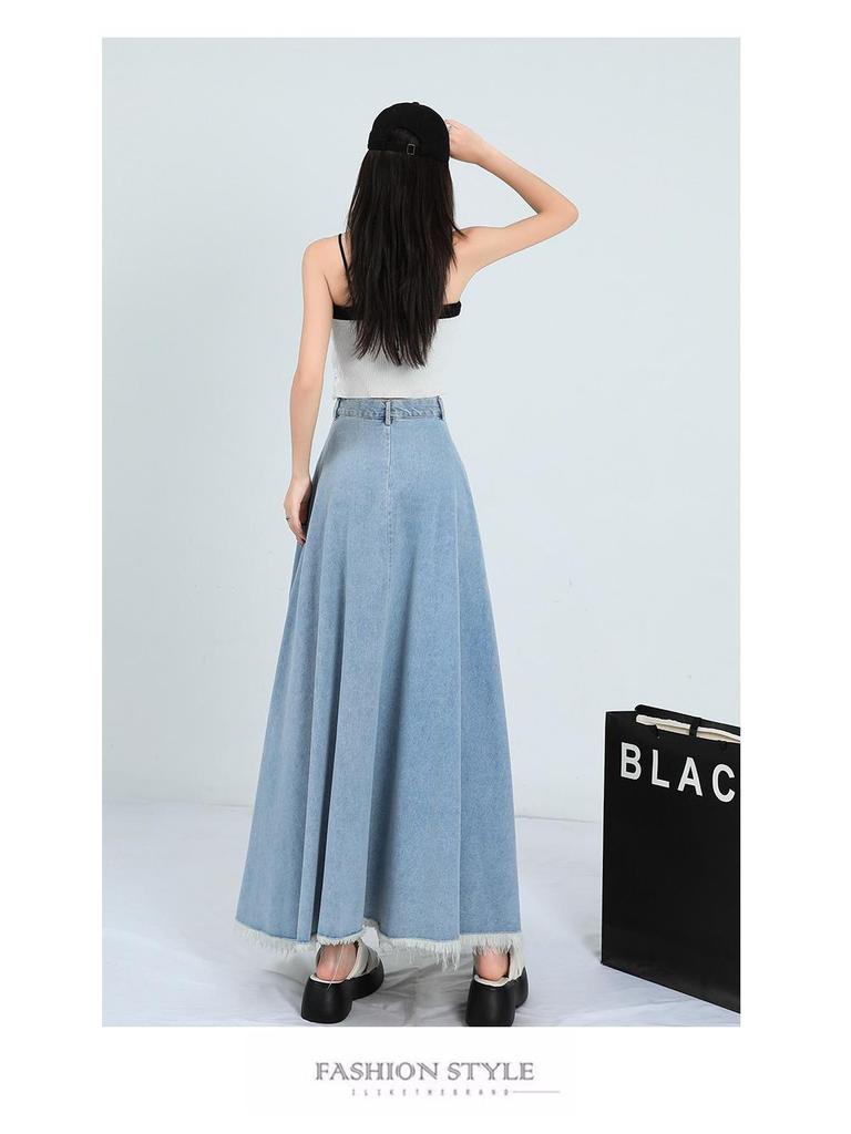 Hong Kong Retro Literary Denim Midi Skirt: Women's 2025 High-Waist A-Line Umbrella Design for Spring/Summer
