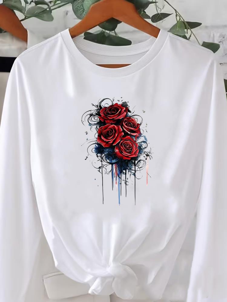 (Asian Size) butterfly flower cute Graphic Tee o-neck Print T Shirt Casual Clothing Women autumn winter spring Fashion Top Long Sleeve T-shirts