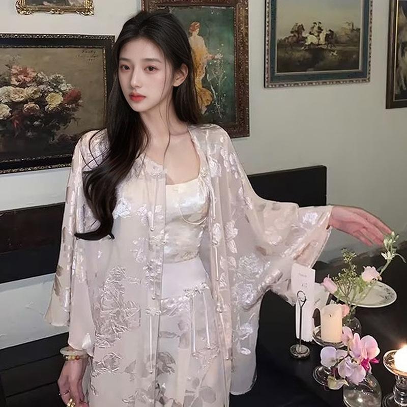Popular new Chinese style flower branch printing disc button human silk shirt light luxury loose trousers set M1171