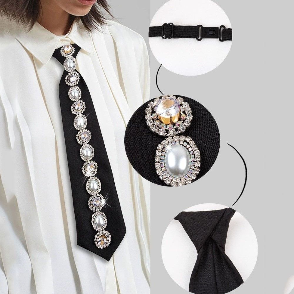 Black Rhinestones Tie Academic Style Decoration Shirt Tie Temperament Long Necktie  Students