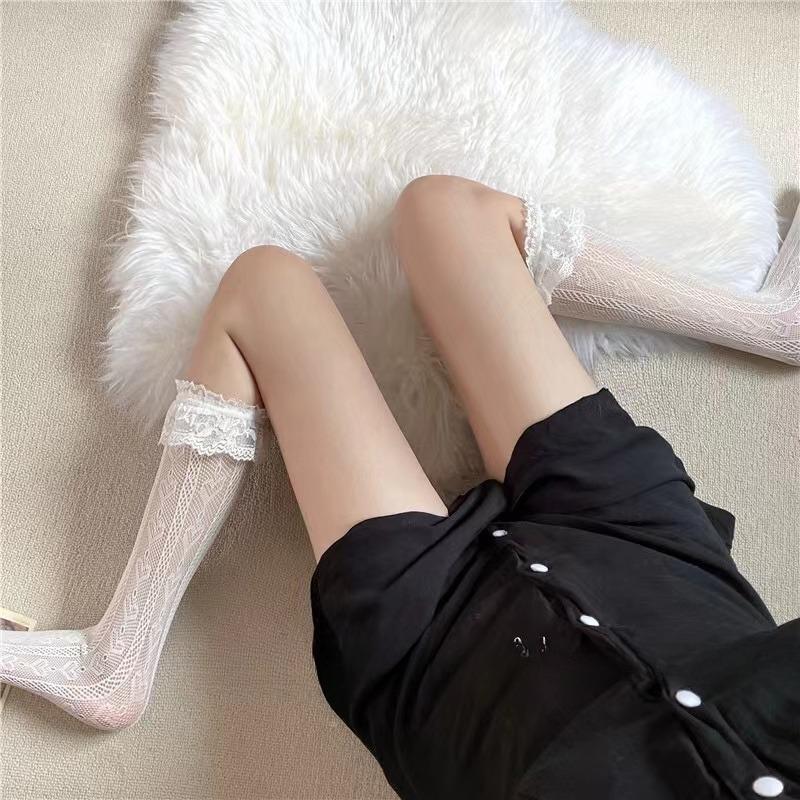 1 Pair Lace Mid Tube Socks Women's Lolita Retro Women's Love Jacquard Princess Sock White Breathable Anti Hook Silk Girls' Socks