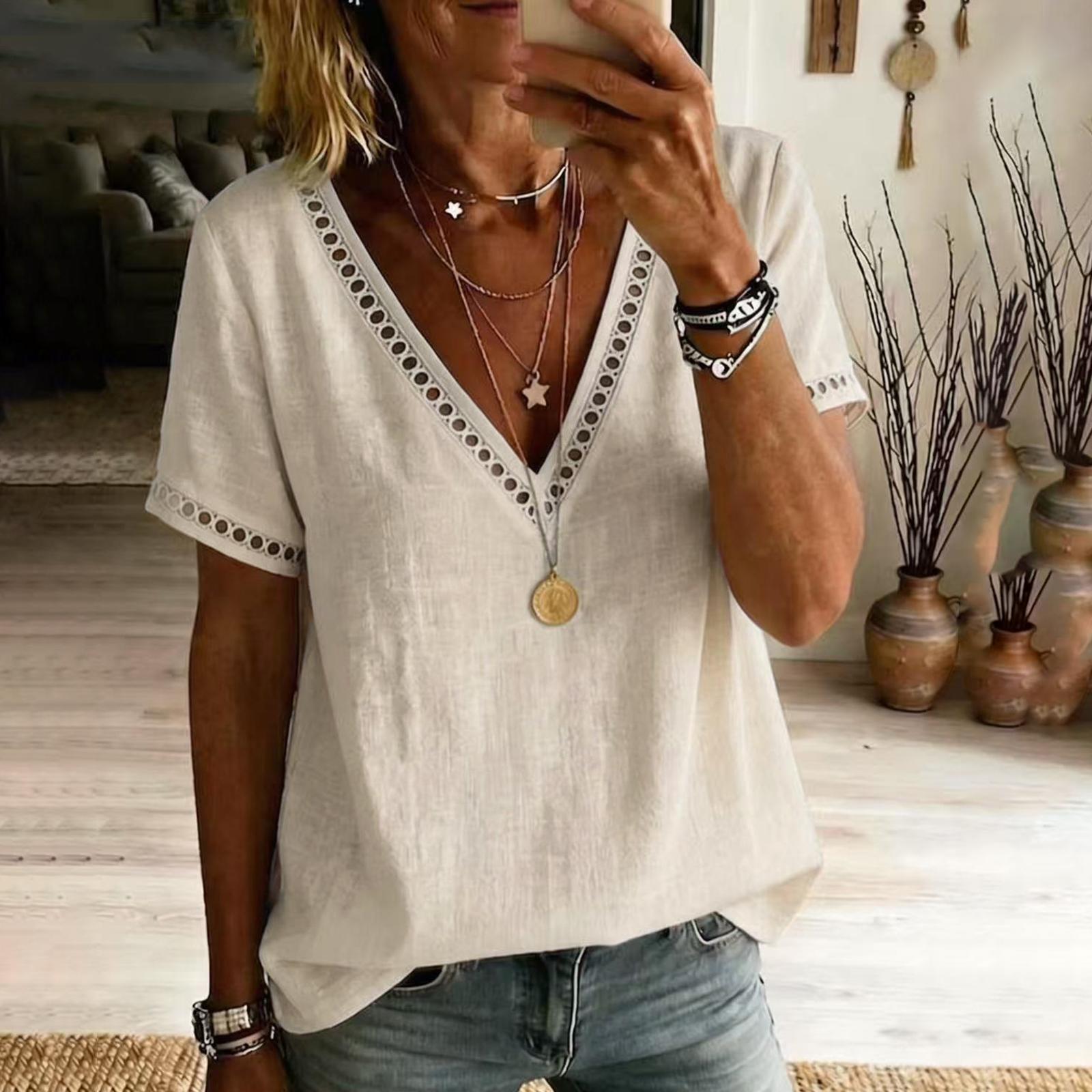 

Women s Summer Color Cotton And Linen Collar Short Sleeved Shirt S хакі