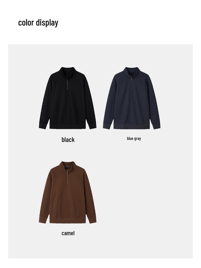 Men's 2025 Winter Black Fleece-Lined Half-Zip Stand Collar Sweatshirt