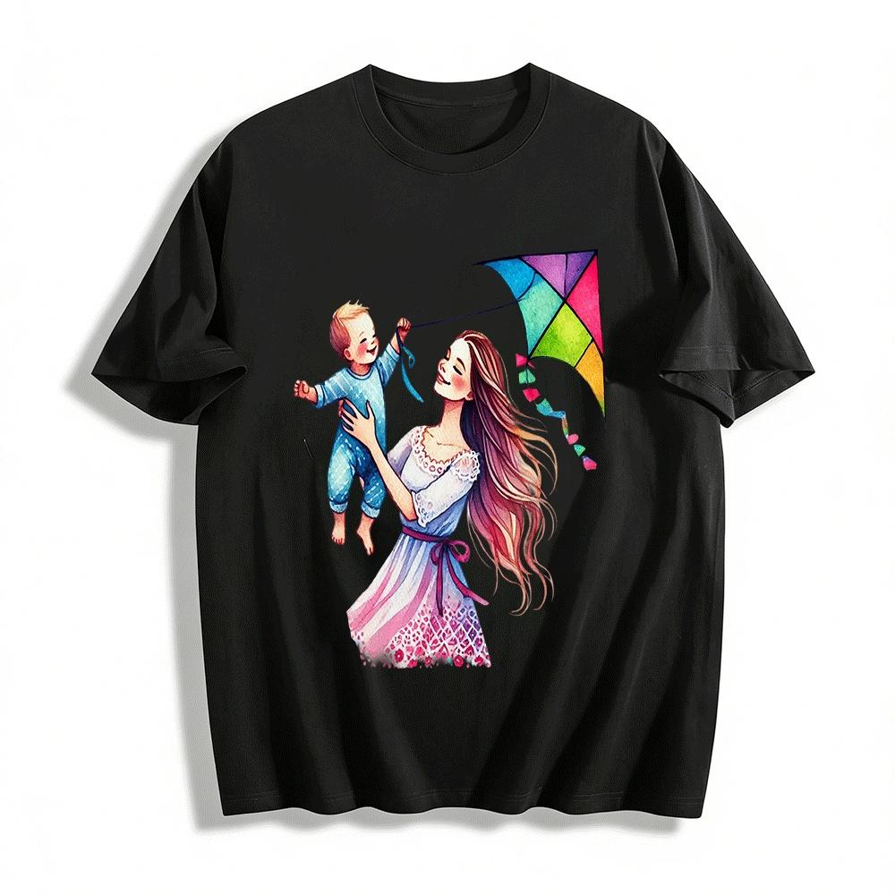 Mom And Baby Kite Flying Print Family Matching Tops Pure cotton T-shirt XXS