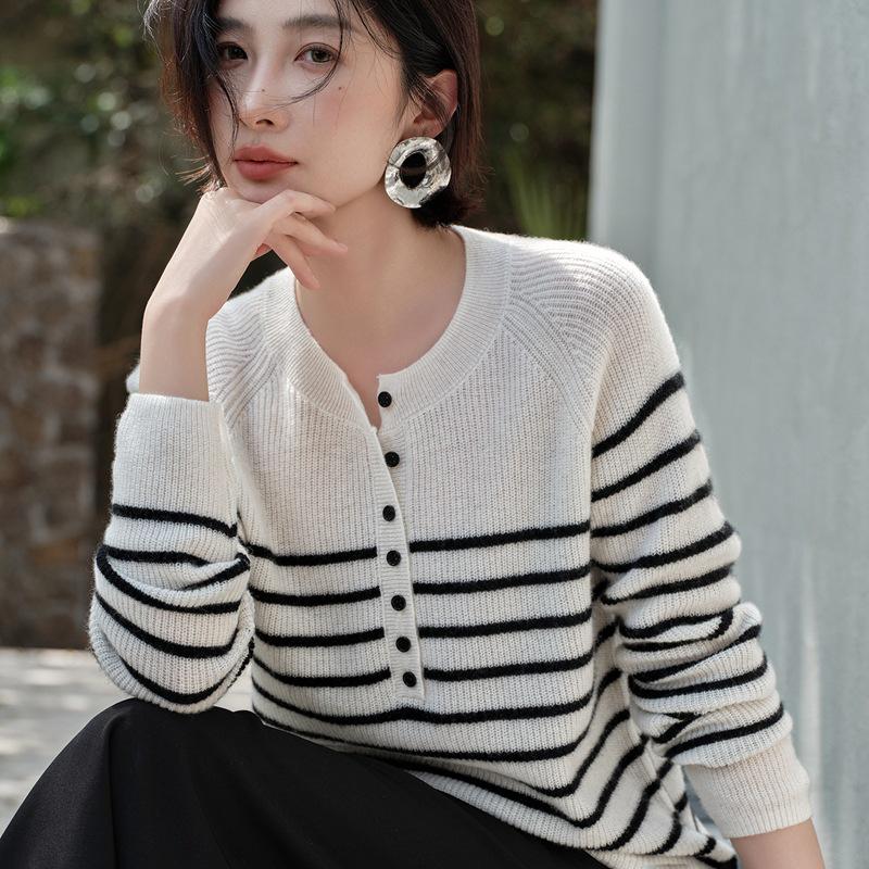 Women's 100% Pure Cashmere Striped Button-Up Raglan Sleeve Cardigan Sweater, Round Neck for Autumn/Winter