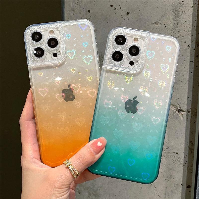 Gradient Holographic Laser Lover Heart Diamond Case For Iphone 13 11 12 Pro Max X Xr Xs Max Clear Bumper Acrylic Cover
