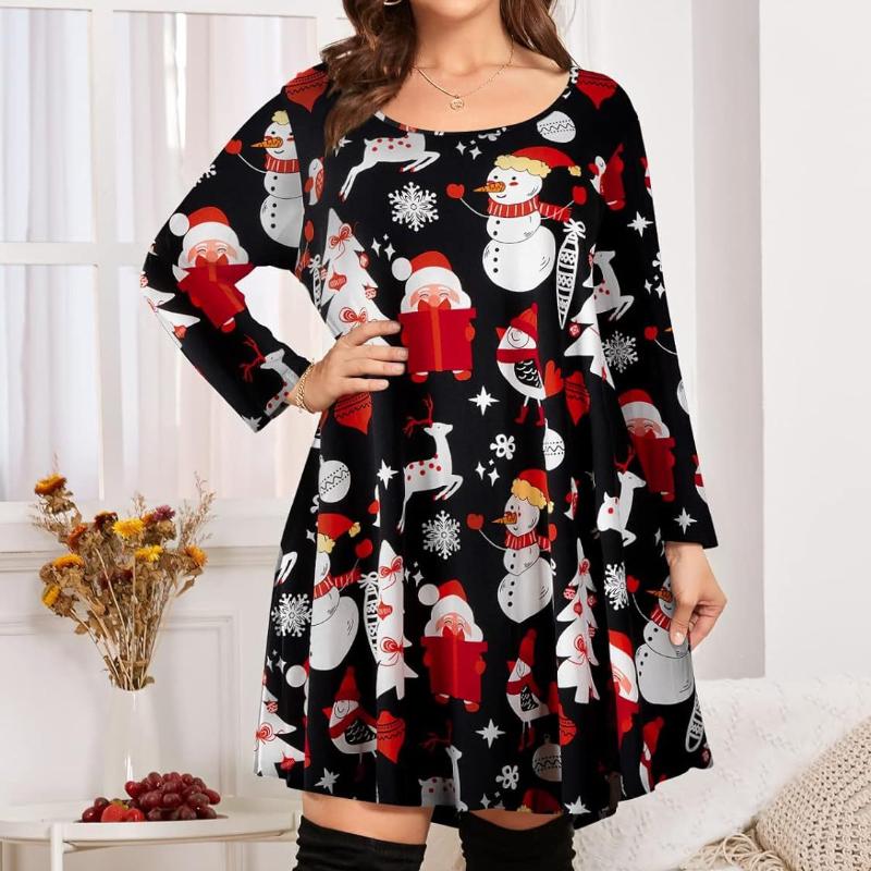 Women's Fashion Christmas Print Midi Sleeve Plus Size Dresses