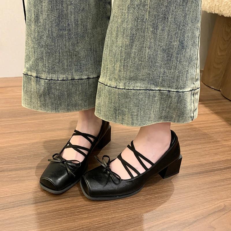 2026 French Single Shoes Women's Block Heel Beautiful High Heel Vintage Bow Mary Jane Shoes