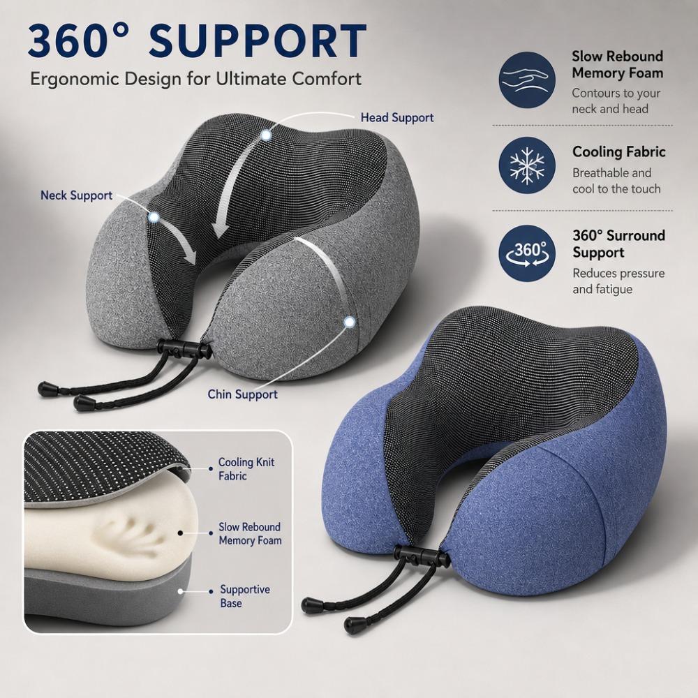 Cationic Cool Feeling U-shaped Pillow, Slow Rebound Memory Foam Neck Support Travel Pillow for Office Nap