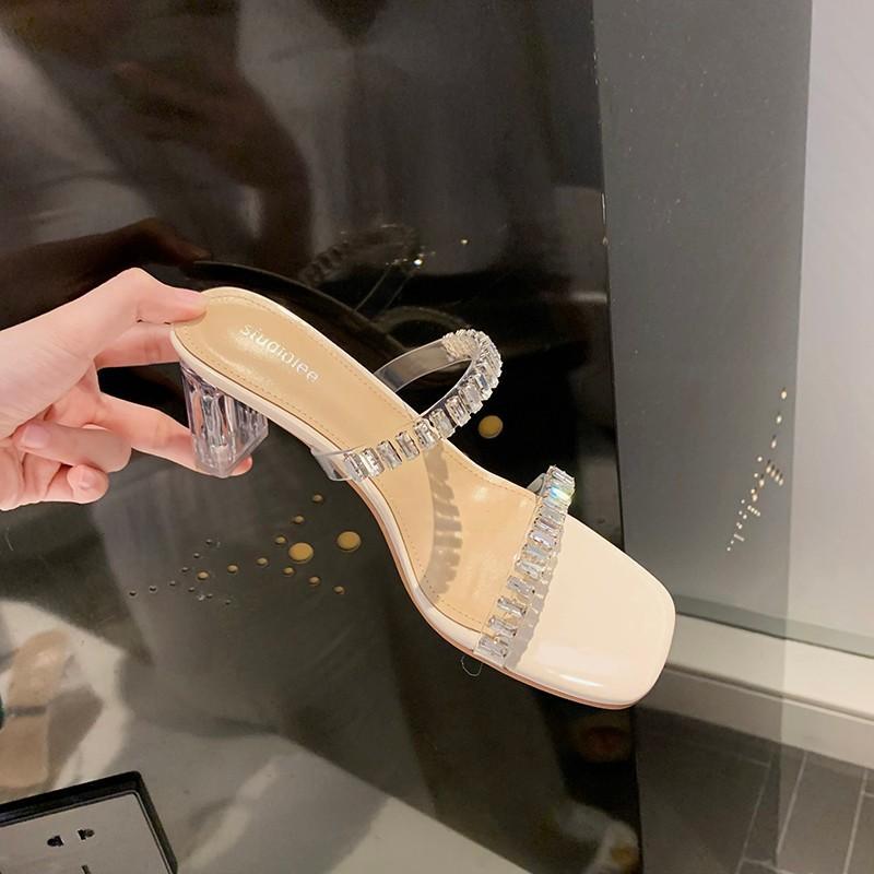 * The stars are bright~ Fairy square head double one-word diamond with transparent thick heel sandals for women