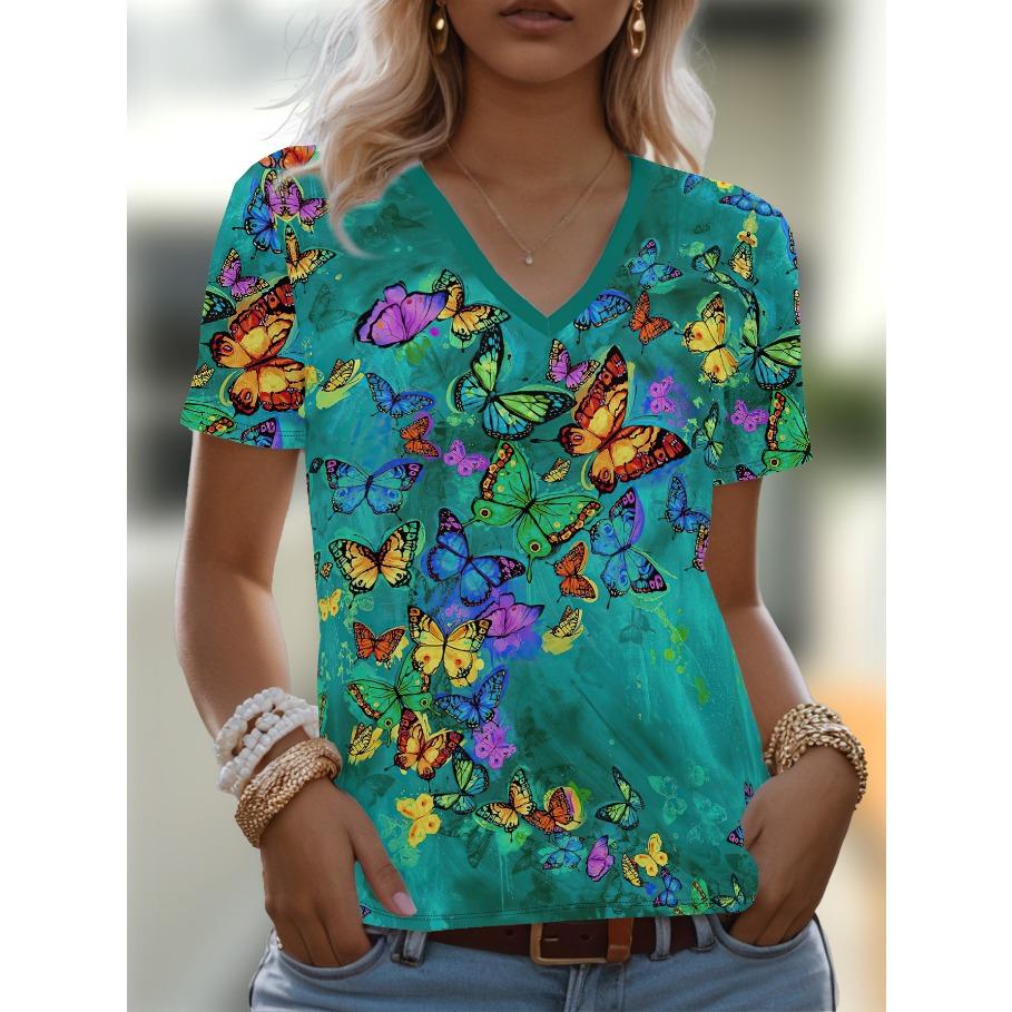 Plus Size Tees Women's Short Sleeved 3D Printed Top Holiday Flower Pattern Weekend Basic V Neck T Shirt Summer