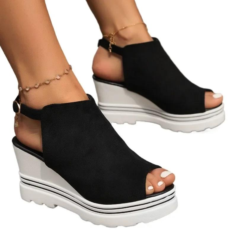 Fashion 2024 Hot Sale Shoes for Women Buckle Strap Women's Sandals Fashion Peep Toe Casual Sandals Women New Round Toe Wedge Sandals