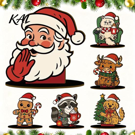 Christmas Tabletop Ornaments 6Pcs Wooden Ornaments, Stable Base Cartoon Animal/Santa Claus/Gingerbread Holiday Decorations Man Decorations, Cute Table