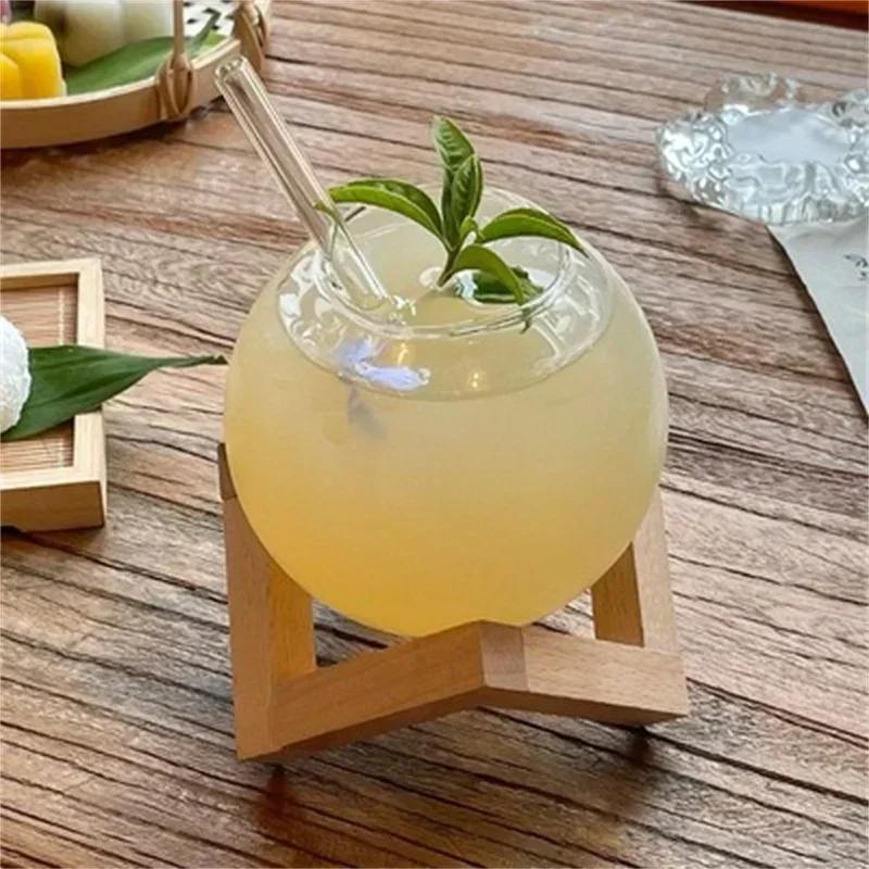 Cocktail Round Ball Glass Cup with Wood Holder Straw Transparent Moon Ball Cold Drinking Juice Cups Holiday Beach Glass Cup