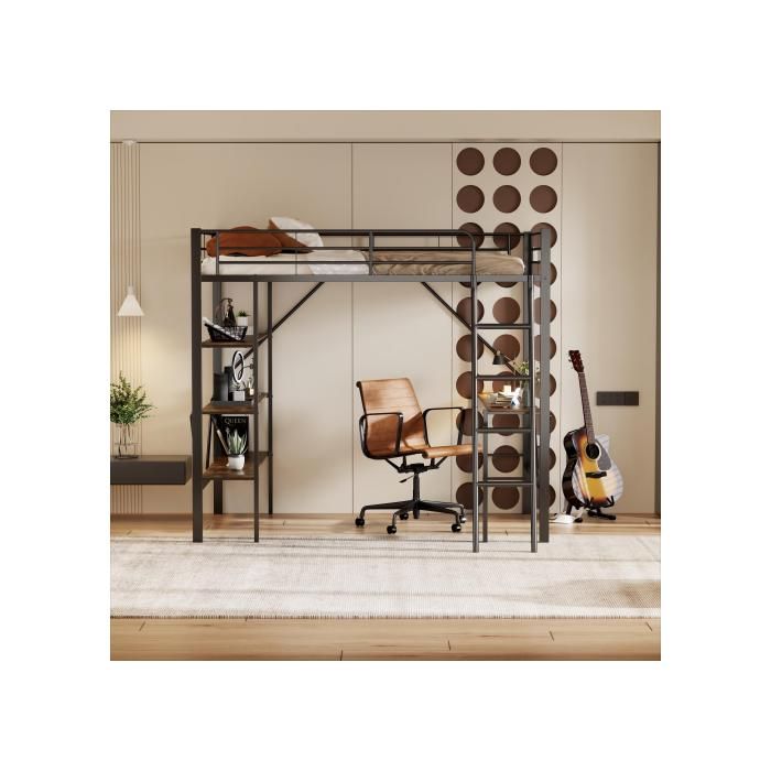 Lit mezzanine - MUVOE - 90x200 cm - Métal noir - Bureau intégré - 3 étagères
