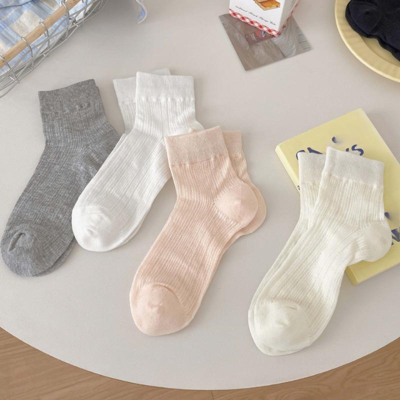 Summer Women's Short Socks with Perforated Mesh, Black and White Solid Color Ballet Style, Breathable Thin Women's Socks