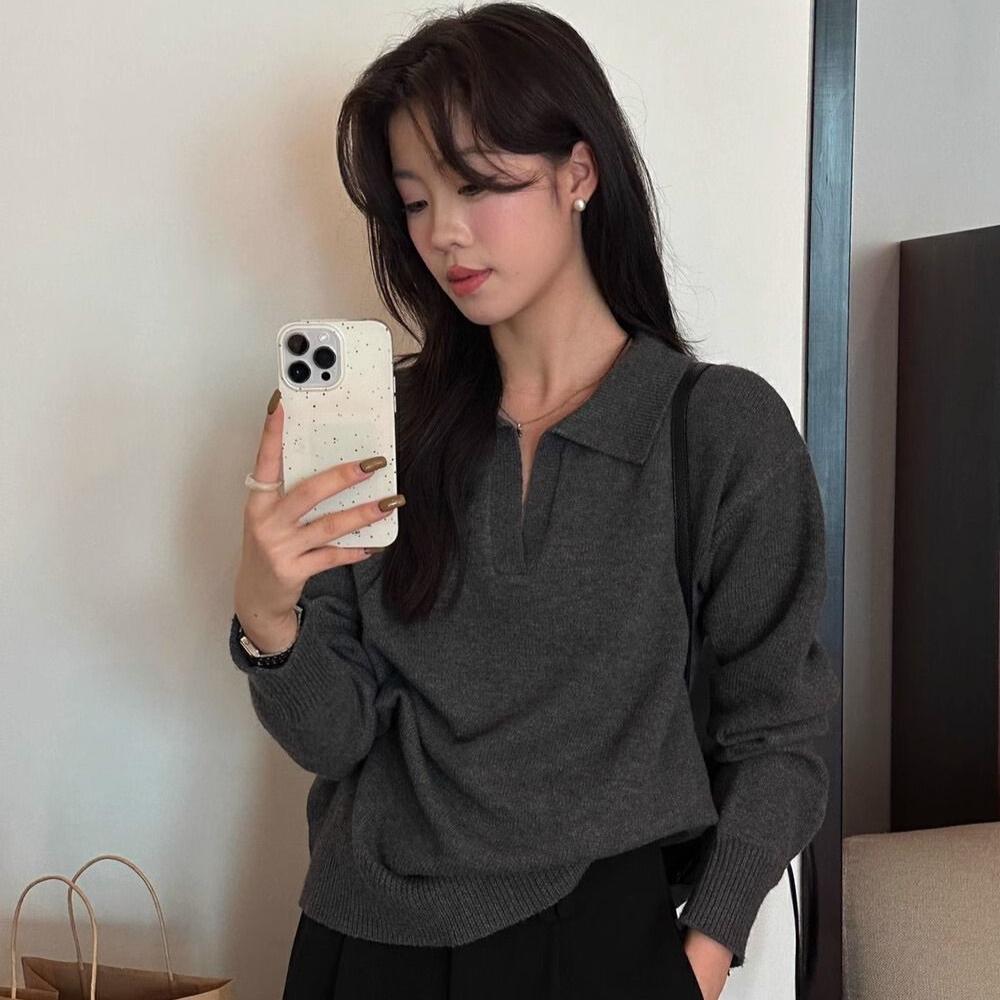 V-neck Sweater Loose and Laid-back Style Knitted Polo Shirt for Women In Autumn and Winter Long-sleeved Casual Pullover Warm Top