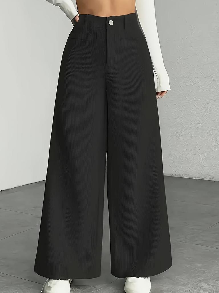 Pantaloni da Donna a Vita Alta a Gamba Larga, Pantaloni Casual Basici con Dettaglio Bottone, Grigio Uniforme