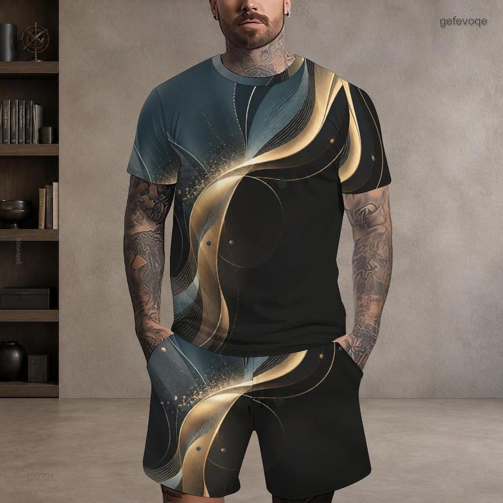 Men s Plus Size Colorful Swirl Printed Round Neck Short Sleeve T Shirt And Shorts Two Piece Set