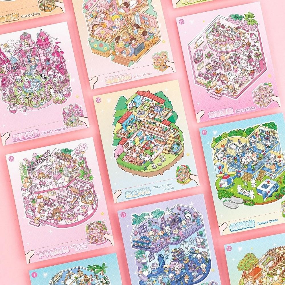 PET 3D Landscape Sticker Book DIY Sticker Cabin Scene Cute Miniature Scene Book  for Kids