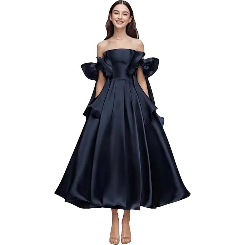 Elegant One-Shoulder Cross-Body Light Wedding Dress with Lace-Up Back and Puffy Skirt