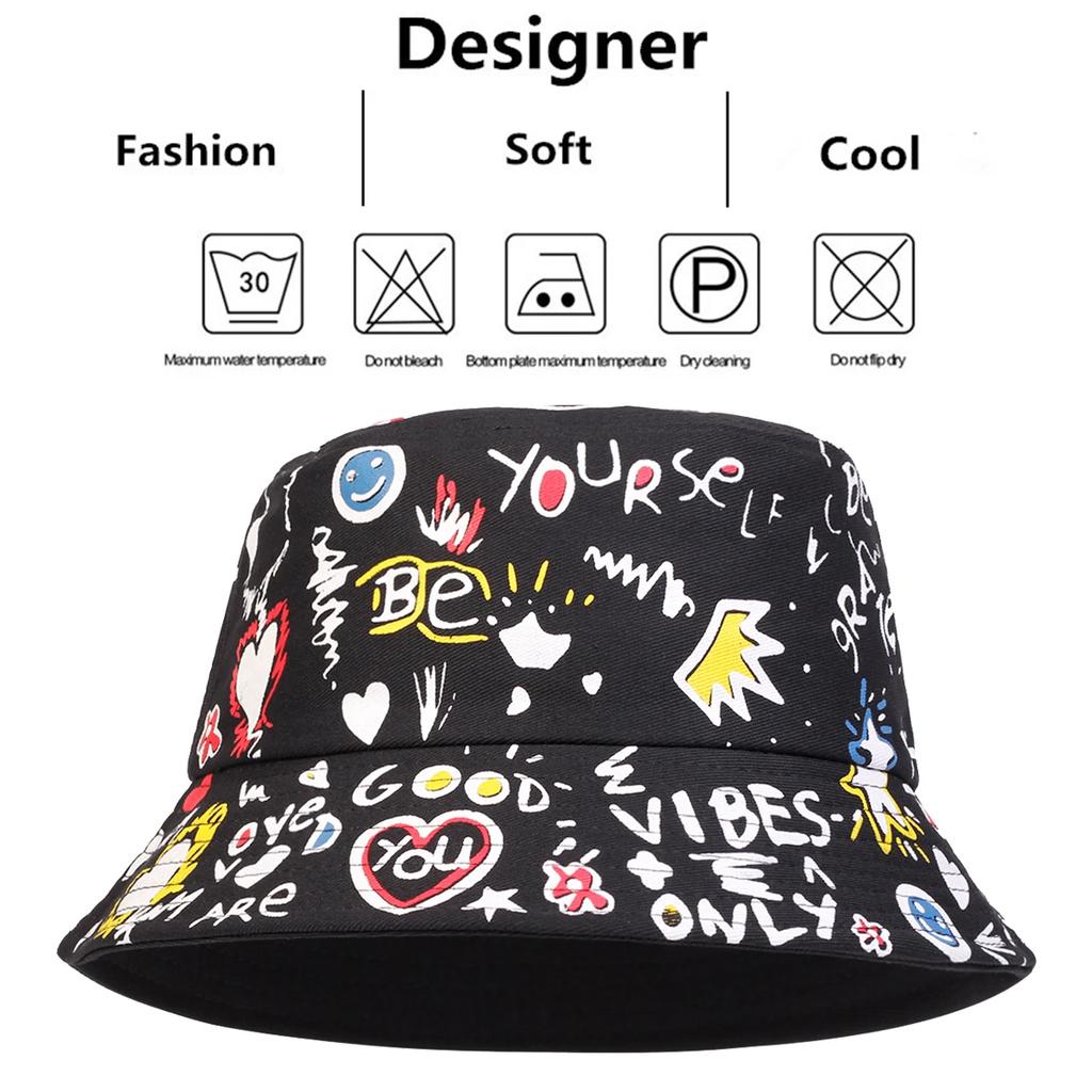 Unisex Smiling Crown Graffiti Print Personality Bucket Hats Fishermen Caps Outdoor Casual Cap Sunscreen Hat