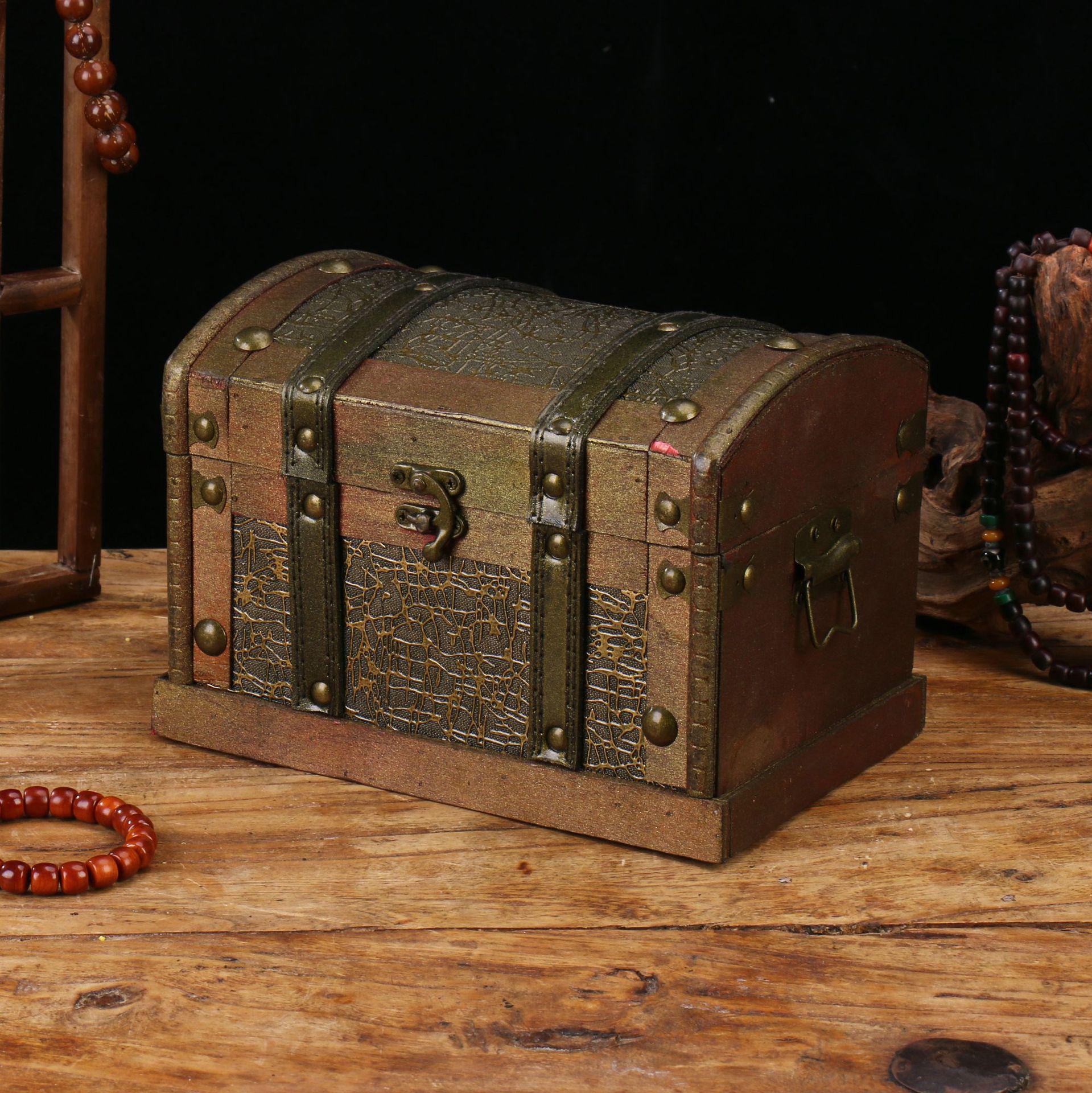 

Antique Distressed Wooden Treasure Chest - Golden Finish, Photography Prop & Home Decoration Box