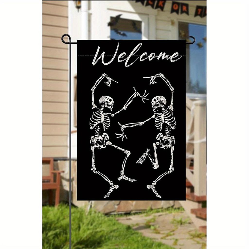 1pc Black Welcome Halloween Skeleton Dance Printed Suitable for Halloween Yard Outside Decoration No Flag Pole 12X18Inch