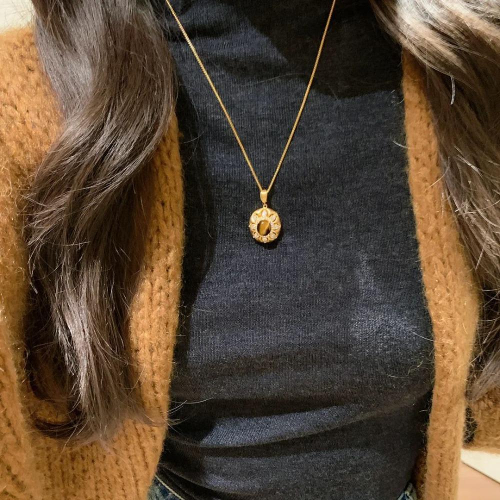 Vintage Maillard Tiger Eye Stone Pendant Necklace Elegant Unique Design Fashion Versatile Jewelry for Women