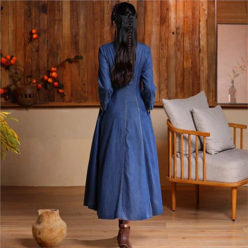 Johnature Kvinne Vår Kinesisk stil Nisje Spenne Kjole Mote Broderi Uformell Vintage bomull Langermet Kjole