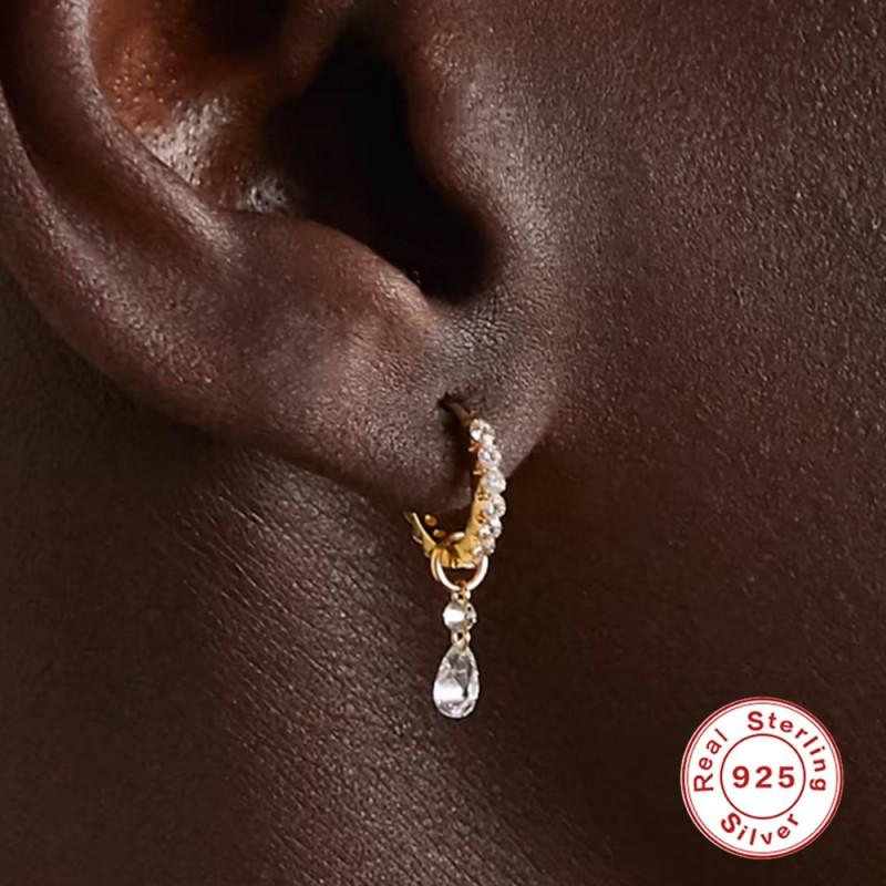 Sterling Double Hoop Earrings With Zircon Studs Dangle Charm Women Gold/White Gold Plated