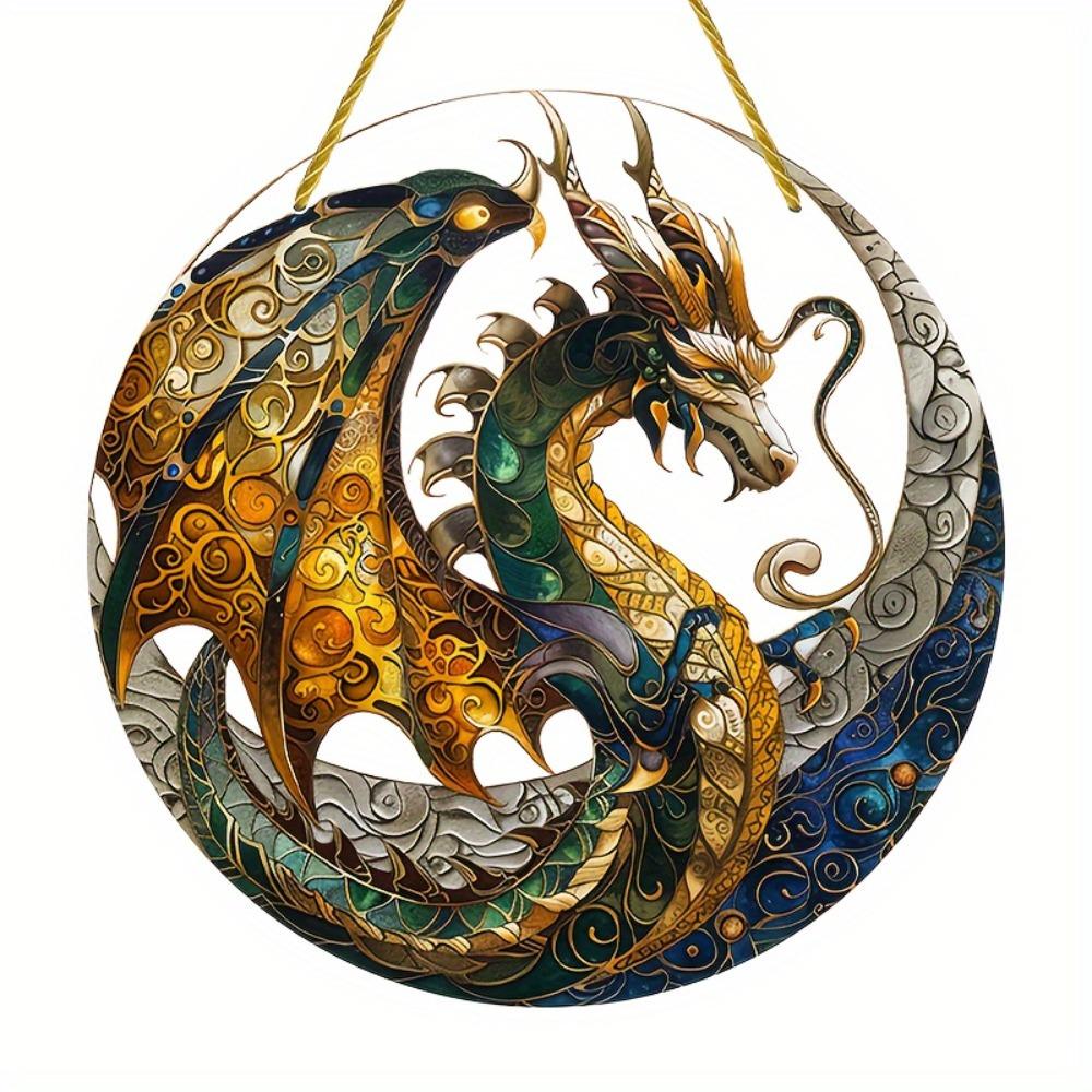 Dragon Sun Catcher. Circular stained glass plaque for wall or wreath decor. An artistic accent.