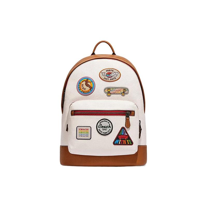 

COACH West 32 appliqué pattern zipper closure multi-function pocket cow leather fabric backpack backpack regular women s white with brown білий