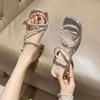 French thick-heeled slippers women's summer wear 2025 new fairy style bow rhinestone temperament high-heeled crystal sandals