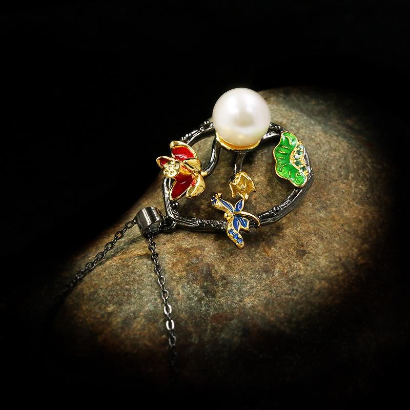 Christmas Enamel Black Gold Tree Vine Lizard Natural Stone Two-Color Necklace Gift Peony Flower Copper
